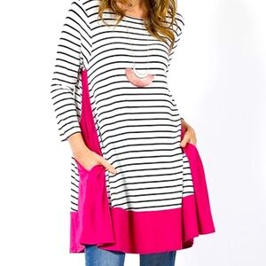 42 Pops Small Tunic Striped Magenta Contrast-Panel Pockets O'Neck FlareTop